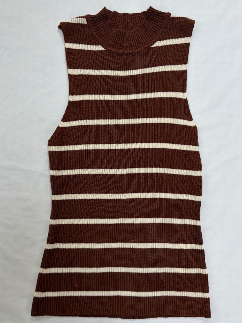 Timing Brown & Cream Striped Ribbed Knit Sleeveless Top | Longline | Size L